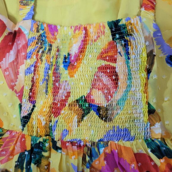 Farm Rio Yellow Textured Tropical Floral Swiss Dot Tiered Maxi Dress Medium - Picture 13 of 14